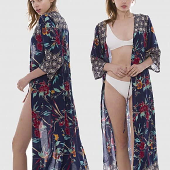 Janice Tropical Floral Print Maxi Kimono Cover Up Cardigan OS - Picture 16 of 16